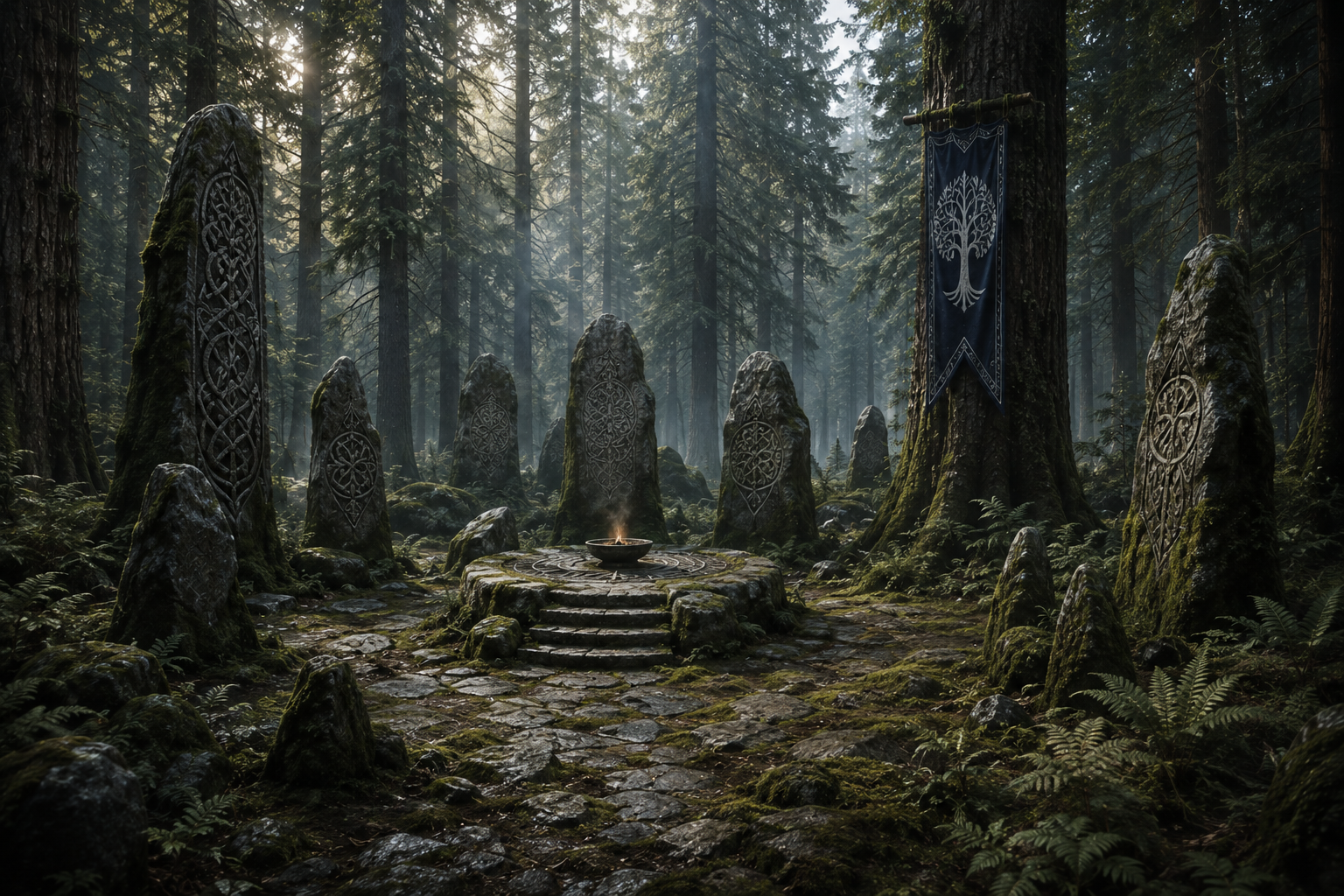 Ancient sacred grove in a deep forest with carved standing stones