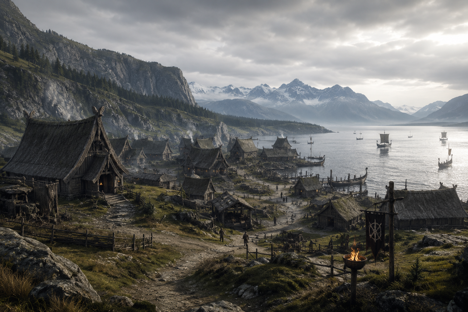 Cinematic fantasy village beside a mountain fjord